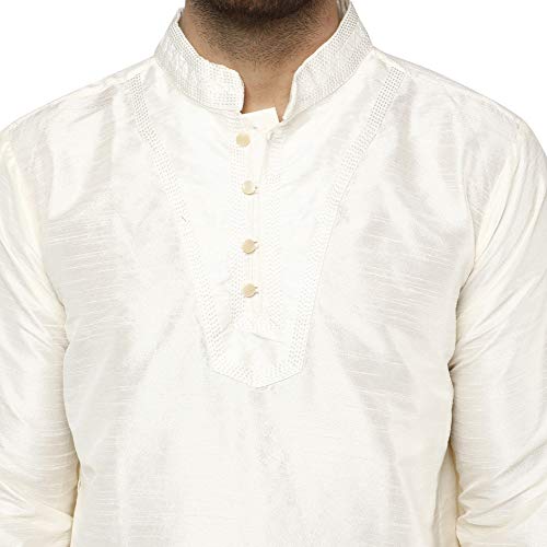 Image of SKAVIJ Men's Dupion Silk Embroidered Kurta Pajama Mandarin Collar Ethnic Motifs Festive Party Dress