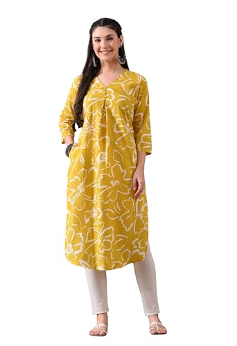 Image of Ichaa Women's Pure Cotton A-Line Ethnic V-Neck Kurta with 3 /4th Sleeve for Daily and Office Wear, in Plus Sizes