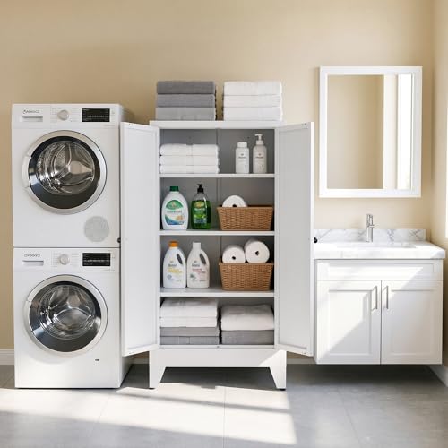 Image of 48 inch H White Steel Pantry Storage Cabinet with 3 Adjustable Shelves, 4-Tier Tall Metal Cabinets for Kitchen, Living Room, Garage, Heavy Duty Freestanding Utility Cabinet, Assembly Required