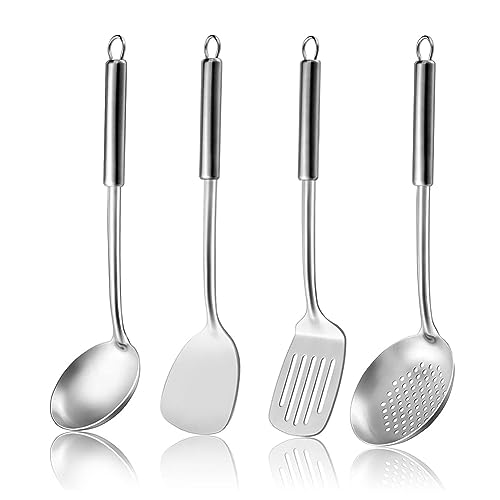 Evzvwruak Juego de utensilios de cocina de 4 piezas, incluye cuchara ranurada, espátula para wok y espátula ranurada