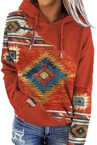 Melliflo Womens Western Aztec Ethnic Style Hoodie Geometric Print Long Sleeve Tops Drawstring Sweatshirts Pullover(XX-Large,Red)