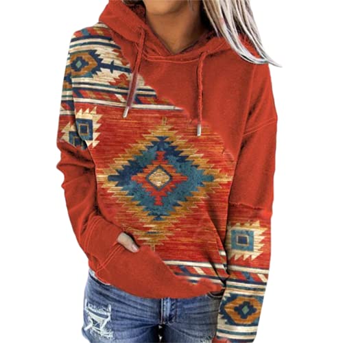 Melliflo Womens Western Aztec Ethnic Style Hoodie Geometric Print Long Sleeve Tops Drawstring Sweatshirts Pullover(Xx-Large,Red) #TOP1