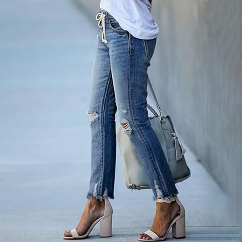 fanmpghleoo Ripped Jeans Womens Drawstring Elastic High Waisted Skinny Jeans Stretch Distressed Raw Hem Cropped Denim Joggers4