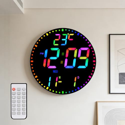 Reloj de Pared Digital Grande Negro de 11.5 Pulgadas para Sala de Estar, Mando a Distancia, Alarma Dual, 12 Colores RGB, Pantalla LED Grande, Brillo automático, Fecha para Hogar/Dormitorio/Oficina