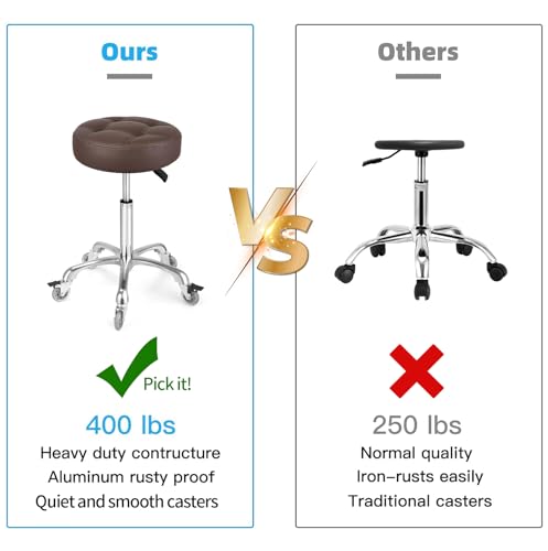 Image of Adjustable Heavy Duty Stool - Rolling Stools with Locking Caster Wheels - Swivel Stools Backless Chair for Home Kitchen Office Shop Tattoo Lash Tech Pedicure (Brown, Height 22 to 30 in)
