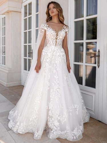 Floral Laces Tulle Wedding Dresses for Bride 2025 Appliques Wedding Gowns with Long Cape LU1333