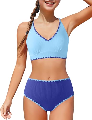 Image of Girls Swimsuit Contrast Trim Cross Back Swimwear Girls Bathing Suit with Padding 7-16Y