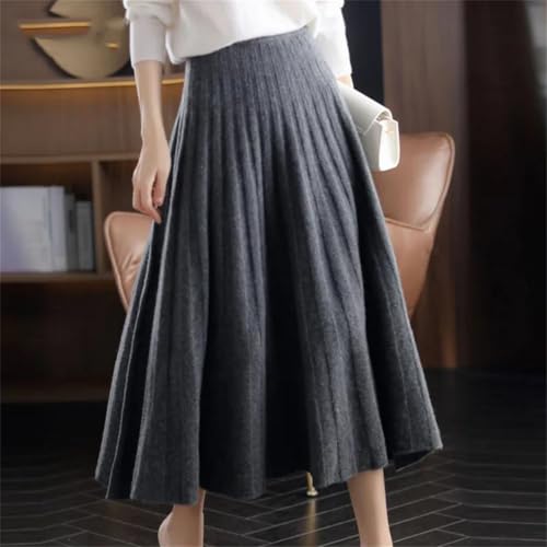 Women Fall Pleated Thicken Elegant Winter Long Cashmere Knit Skirt Elastic Waist 100% Wool Skirt Gray M4