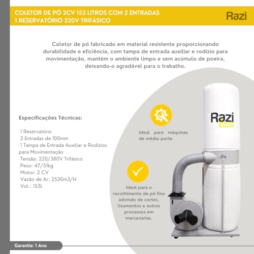 Razi Coletor de Pó 2CV, 220v, 153L, 2.530mm³/h