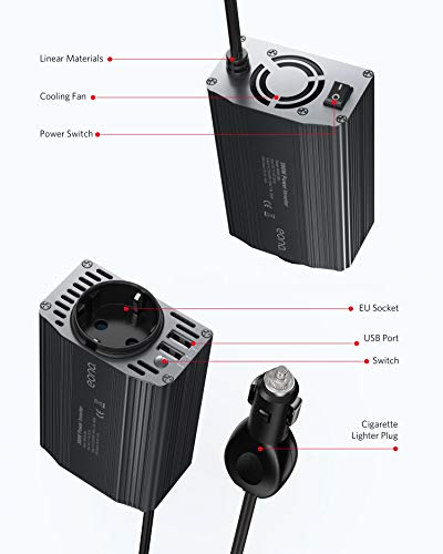 Eono by Amazon 300W Inverter da Auto 12V a 220V con 2 Porte USB 2.4 A, Invertitore di Potenza per Carica iPhone iPad Tablet Kindle [Onda Sinusoidale Modificata con Multi Protezioni, Accendisigari]