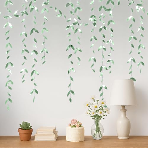 Image of KatchOn, Sage Green Paper Leaf Garland - Pack of 5 | Hanging Leaves Streamer Banner for Green Party Decorations | Hanging Green Leaves for Birthday Decorations, Wedding, Anniversary Decor