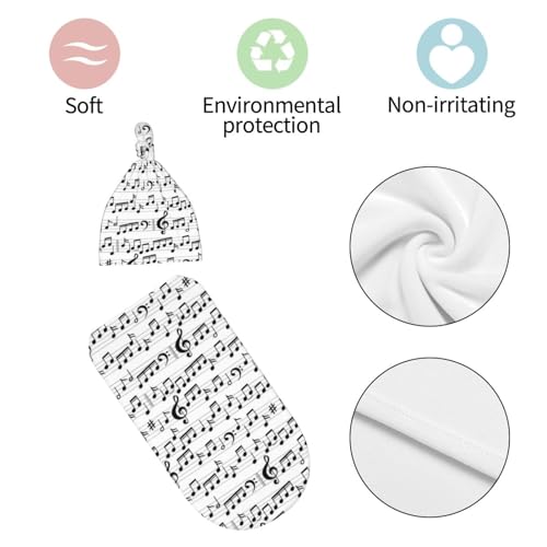 Image of Music Note Newborn Swaddle Blankets Baby Stuff Soft Swaddling Blanket with Beanie Sets Gifts For Infant Boys Girls