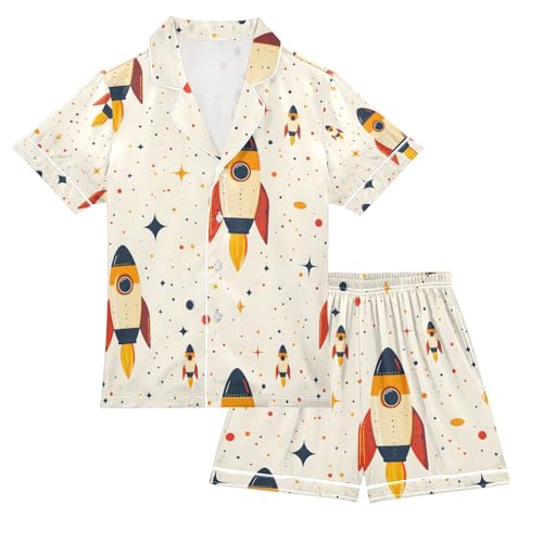 senya Cartoon Rocket A Satin Summer Pajama Sets Silk Short Sleeve Button Down Sleepwear