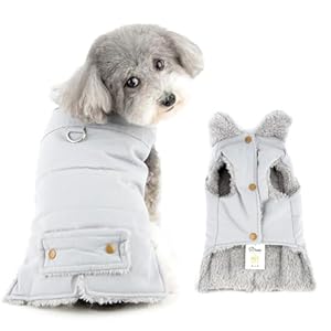 Ranphy Fleece Lined Military Jacket for Small Dog Fuzzy Collar Padded Puppy Insulated Winter Coat Sleeveless Windproof with Leash Ring Yorkie Chihuahua Warm Clothes Cat Clothing,Grey,S