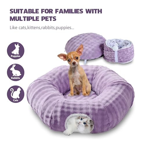 Image of Bubble Cat Tunnel for Indoor Cats, Round Peekaboo Cave Toy with Dangling Balls, Donut Tunnel Bed with Circle Mat for Puppy Kitten Rabbit, Dusty Purple
