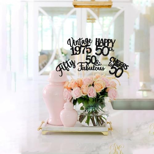 Image of 15 PCS Black 50th Birthday Centerpiece Sticks Fifty Happy 50th Vintage 1976 Table Flower Centerpieces Sticks Cheers to 50 Fabulous Floral Decorations for 50th Birthday Party Centerpieces Supplies