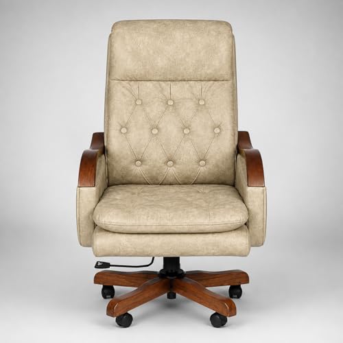 Image of Lakdi Premium Executive Revolving Office Chair | Tufted Leatherette Upholstery | Wooden Armrests & Base | Ergonomic High Back Director Chair | 5 Year Warranty | Free Assembly
