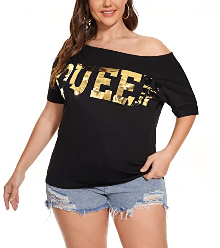Pesion Womens Off The Shoulder Tops Sexy Shiny Shirts Long/Short Sleeves Fashion Graphic T-Shirts Blouses, Black+ Gold #2 X-Large #TOP2