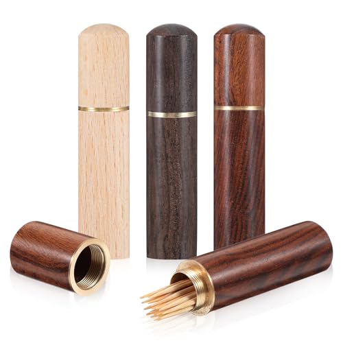 Lnngub 3 Packs Portable Wooden Toothpick Holder, Compact Waterproof Toothpick Case, Brown