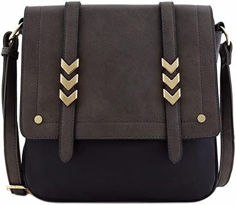 ALYSSA Double Compartment Large Two-Tone Colorblock Flapover Crossbody Bag (Charcoal Grey/Black)