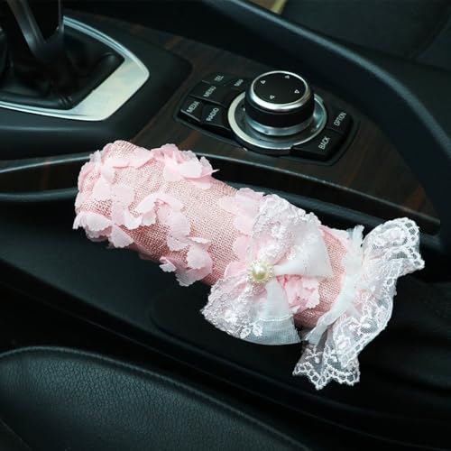MINGZAIQIPEI Universal Cute Lace Car Accessories for Women Interior Cute Set Hippie Hand-Stitched Handbrake Cover (Pink)