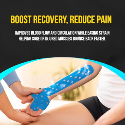 Image of PulseITSportsTape Kinesiology Tape- Waterproof & Sweatproof Tape for Muscle Support, Pain Relief & Injury Recovery | Athletic Physio Tape for Knee, Shoulder, Ankle. 5cm x 5m (with Holes, Light Blue)