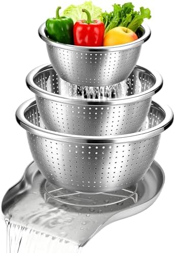 Palksky Stainless Steel Colander Set with Self-Draining Base, 3 S...