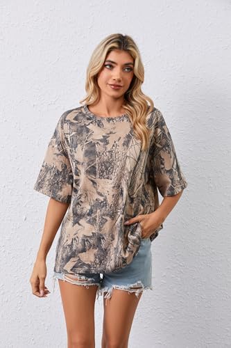 Image of MSBESYOR Camo Shirt for Women Maple Leaf Print Short Sleeve Crewneck T-Shirts Summer Oversized Tee Shirts Streetwear