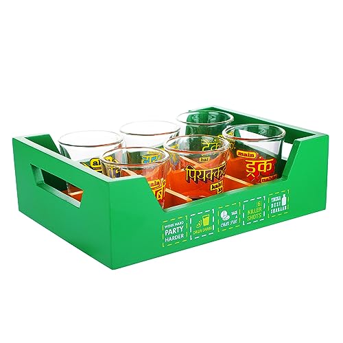 Ek Do Dhai Killer Shot Glass Tray Set with 6 Clear Premium Shot Glasses, 60 ML Circular Shot Glasses, Printed Designer Party Shot Glass (6) with Wooden Green Tray