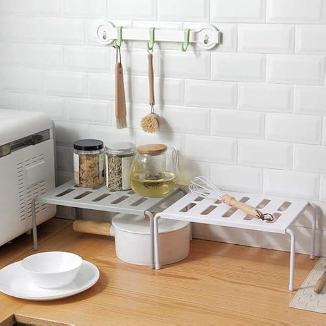 Expandable Cupboard Shelf, Kitchen Shelf Organiser Multi-Function Shelf Organisers for Kitchen Storage, Bathroom Storage, Makeup Storage, Desk, Grid Design can Drain - Gray