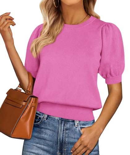 Image of PRETTYGARDEN Womens Sweaters Spring 2026 Summer Puff Short Sleeve Sweater Trendy Cute Knit Work Blouses Business Casual Tops