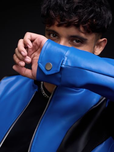 Image of The Souled Store Biker Jacket: Blue Ranger Men and Boys Full Sleeves Mock Collar Blue and Black Colour-Block Polyester Regular Fit Breathable Zippered Closure Winter Biker Jacket