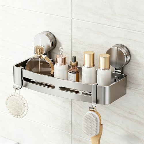 Saugnapf-Duschablage ohne Bohren,Badezimmer Organizer,Schnell trocknende Badregal ohne Bohren mit großer Kapazität,Langlebige Shampoo Halterung für Duschel,Abnehmbare und rostfreie Shampoo-Halterung
