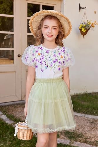 Image of Arshiner Girls Shirts Mesh Puff Short Sleeves Blouse Crewneck Cute Print Summer Kids Tee Tops