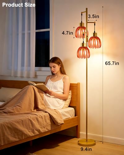 Image of Lightdot 65'' Glass Floor Lamp Dimmable Gold with Deep Red Lotus Glass Shade & 3000K Bulbs Included 3-Lights Modern Tall Standing Lamp with 5Lbs Heavy Base for Living Room /Bedroom /Sofa /Corner Decor