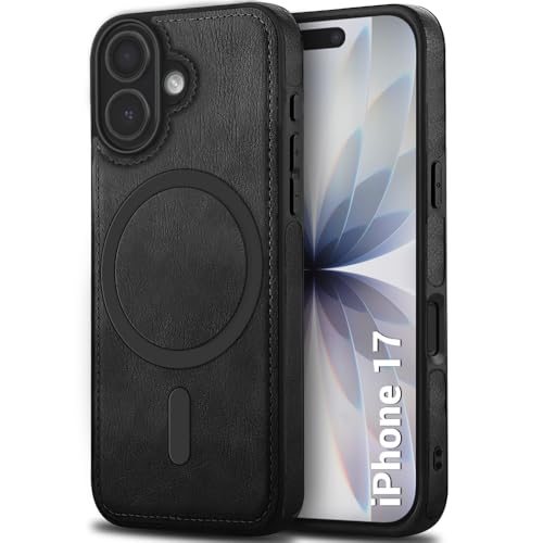 Image of TheGiftKart Genuine Leather Finish Back Cover Case for iPhone 17 | Shockproof Design | Raised Edges for Camera & Screen Protection | Stunning Minimalist Design Back Cover (MagSafe Compatible, Black)