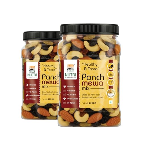 NUTRI HARVEST Premium Dry Fruits Mix pack (Panch Mewa Mix) , Natural Blend of Almonds, Cashews, Black and green Raisins and diced Dates| Fit for Fasting 2*250 (500gram)| (Re-sealable pack for freshness)