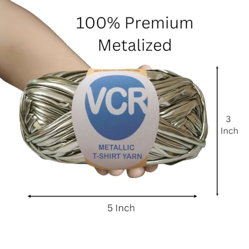 Image of VCR Shine Golden Silver Metallic T-Shirt Yarn, 100 Grams, 100% Metallized Craft Yarn, Pack of 1 Yarn, Suitable for Handbags, Tote Bags and Sling Bags