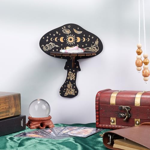 CREATCABIN Mushroom Crystal Shelf Display Wooden Wall Crystal Shelf Evil Eye Floating Shelves Dowsing Pendulum Holder Stand Rustic Witchy Stuff Storage for Hanging Rock Spiritual Gift 6.92x5.91Inch - Image 4