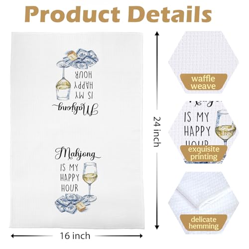 Image of Mahjong Gifts Kitchen Towels Set - Mahjong Wine Decorative Waffle Dish Towels, Chinoiserie Mah Jong Martini Hand Towels, Alcohol Mah Jong Friends Gifts Tea Towel, 16x24 Inches Set of 2