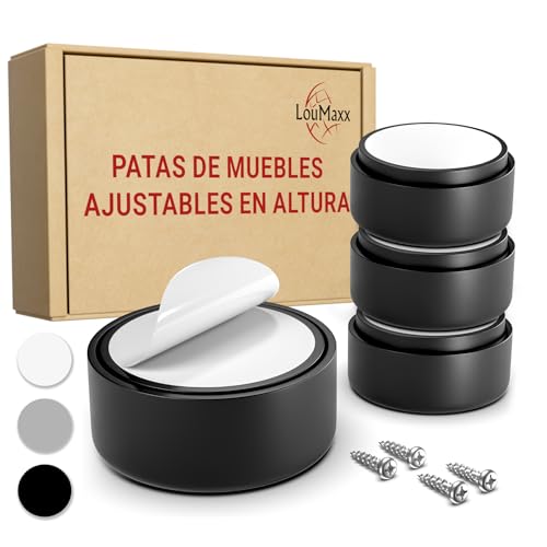 LouMaxx Patas para Muebles de Altura Regulable, Patas para Muebles de plástico – Elevador de Muebles Pegar o atornillar (Negro, 4, uds.)