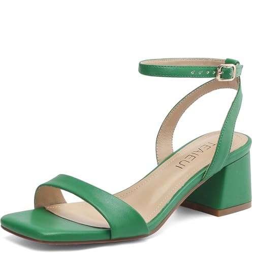 Image of TEAIEUI Block Heels for Women, Square Open Toe Heeled Sandals, Chunky Ankle Strap Shoes for Dress, Party, Prom, Low Heel 2 inch, Green, Size 9