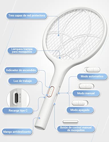 Miniatura 7 de Yissvic Raqueta Matamoscas Electrica 2 En 1 4000v Mata Mosquitos Electrico Usb Recargable 1500mah- Blanco