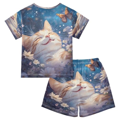 ALAZA Cat Butterfly Flower Blue Watercolor Pajamas Set Short Sleeve Cotton Sleepwear Summer Pjs 2 Piece 5-14Y2