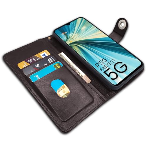 Image of Pikkme itel P55 5G Flip Cover Leather Finish | Inside TPU with Card Pockets | Wallet Stand and Shock Proof | Complete Protection Button Flip Case (Coffee)