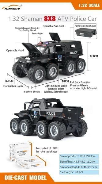 Image of 1:28 Scale Big Police Truck 8X8 Metal Diecast Toy Car for Kids with Openable Doors, Sound, Light Effects, Black