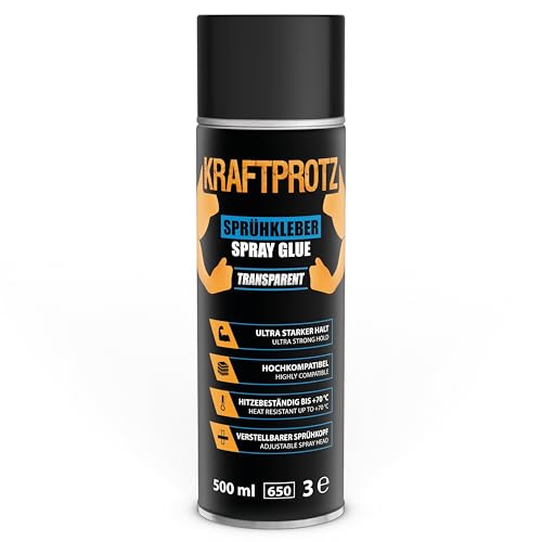 Pegamento en spray transparente 500 ml – KRAFTPROTZ agarre ultrafuerte para espuma, fieltro, cuero, madera y goma – resistente al calor hasta +70 °C – boquilla regulable – uso versátil y profesional
