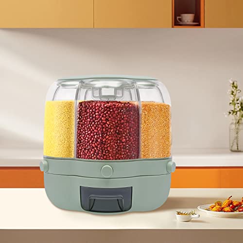 InnaYola 6 Grids Grain Dispenser Can, 360°Rotating Cereal Rice & Grain Storage Container with Lid Rotatable Sealed Food Storage Bucket Dry Food Dispenser for Grains Beans (17.63Lbs Matcha Color)