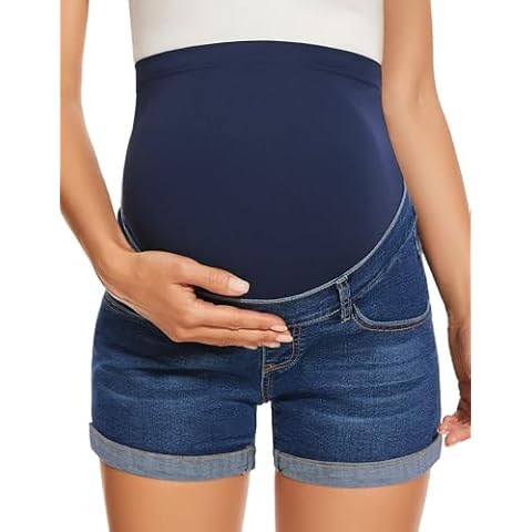 AMPOSH Women's Maternity Jean Shorts Ripped Roll Up Hem Stretchy Denim Shorts Clothes for Summer Pregnancy(Dark Blue, M) Cover