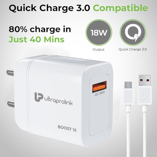Image of UltraProlink | 18W QC 3.0 Fast Charge | Smart IC & Auto Detect Compatible with Vivo, iQoo, Redmi, Samsung & Xiaomi | 1m Type C Cable | White | UM1340